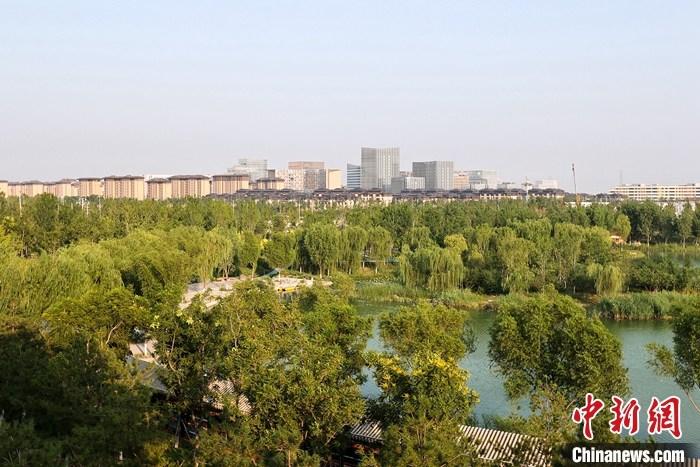 從完成頂層設(shè)計(jì)到如火如荼大規(guī)模建設(shè)，六年來，雄安新區(qū)如春天的竹子一般拔節(jié)生長，這座承載千年大計(jì)的“未來之城”已雄姿初顯。從“一張白紙”開始著墨，如今的雄安新區(qū)已是濃墨重彩的“山水畫”。<a target='_blank' href='/'>中新社</a>記者近日走訪了雄安新區(qū)多地，從“藍(lán)綠金”三色感受這座“未來之城”的巨大變化。圖為7月18日拍攝的河北雄安新區(qū)金湖公園。 <a target='_blank' href='/'>中新社</a>記者 易海菲 攝